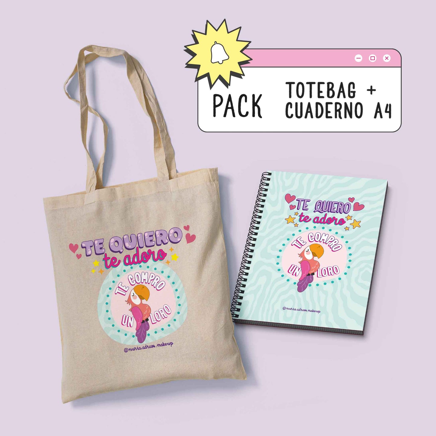 Pack Totebag Te Quiero Loro + Cuaderno A4